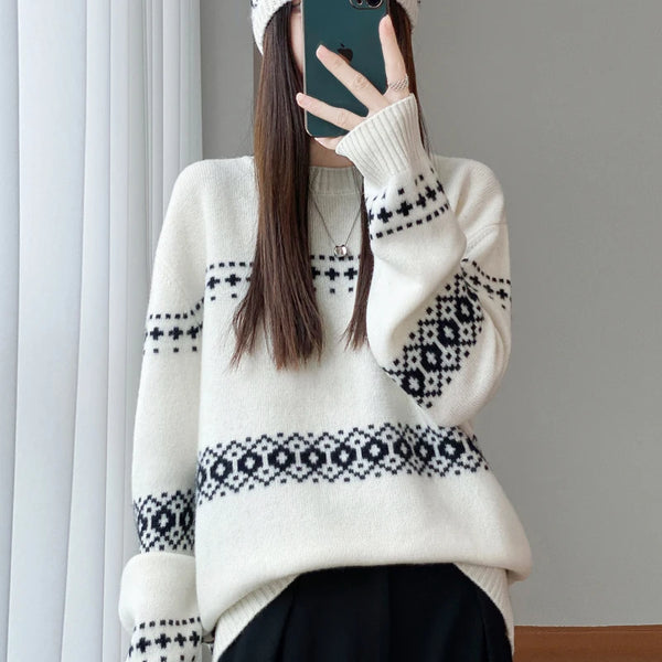 Womens Wool Sweater Jacquard Crew Neck Oversized Pullover