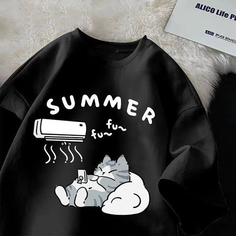 Summer Japanese Cartoon Cute Cat Fun Print T-shirt