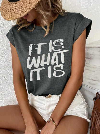 Elegant Women's T-Shirt Small Crew Neck Short Sleeve with Printed Letters