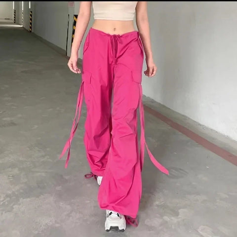 2024 Korean Pink Cargo Women Pants Chic Streetwear