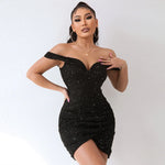 2024 Glitter Off Shoulder Mini Dress Sexy Party Clubwear