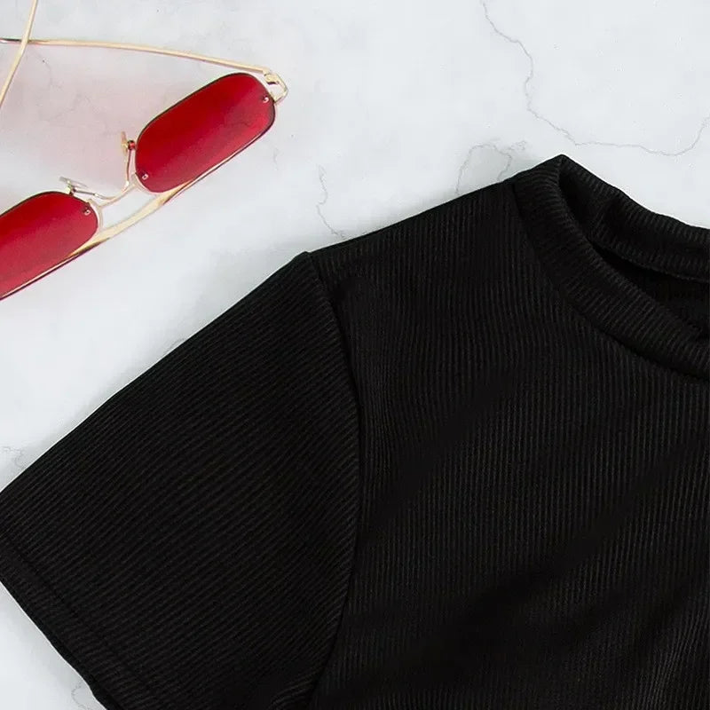 Crop Top Shorts Bottom Swimsuits Women Black Drawstring Swimwear Ribbed