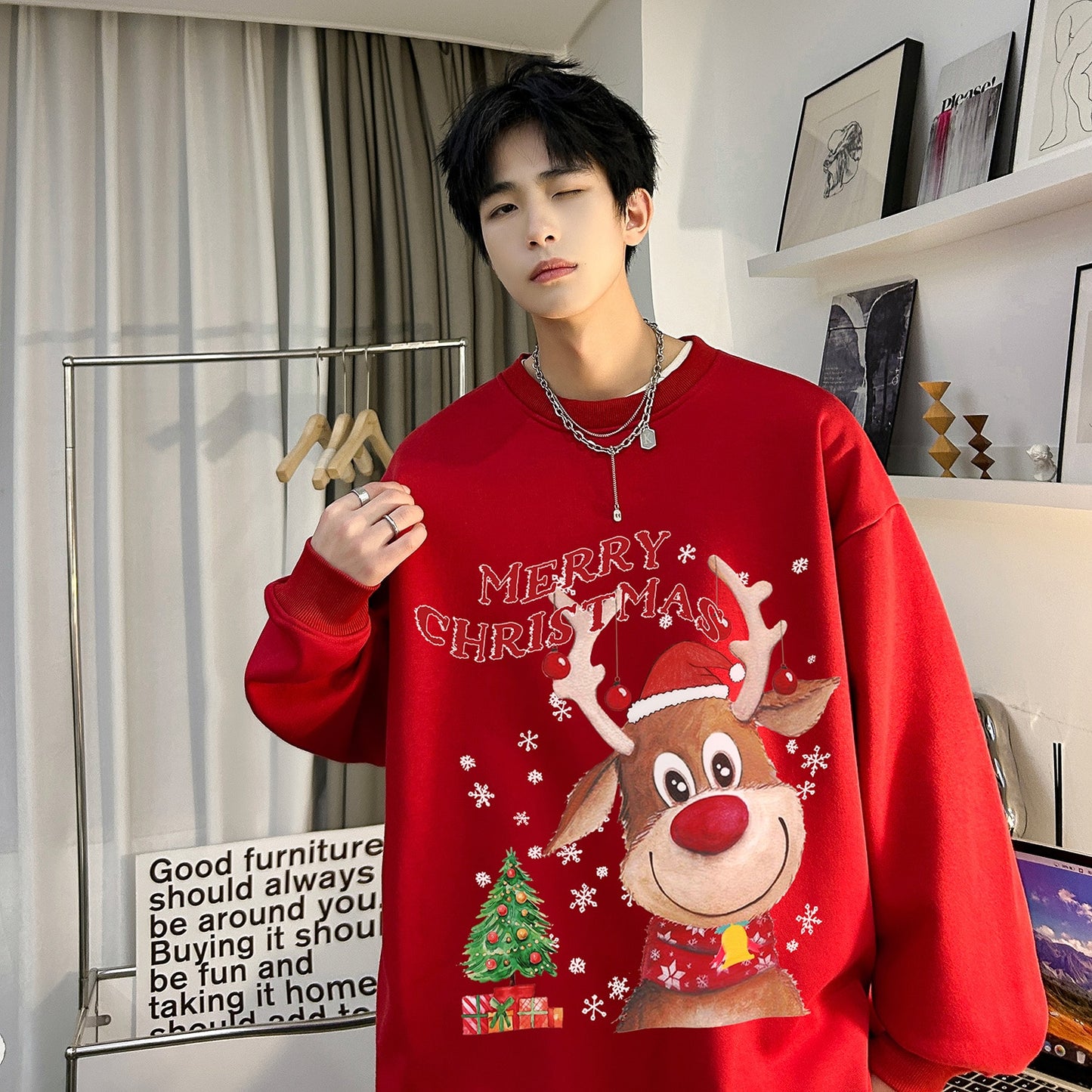 Men Sweater Tees Christmas American Fashion Printed Plush Thick Lovers Coat Loose Casual