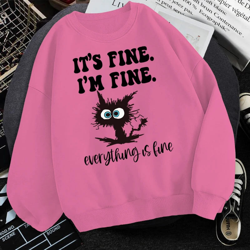 It's Fine I'm Fine Everything Is Fine Long Sleeves Cute Cat Casual Pullover Streetwear Y2k Hooded