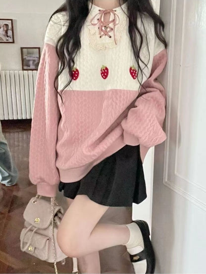 Sweatshirts Women Strawberry Embroidery Pink Pullover