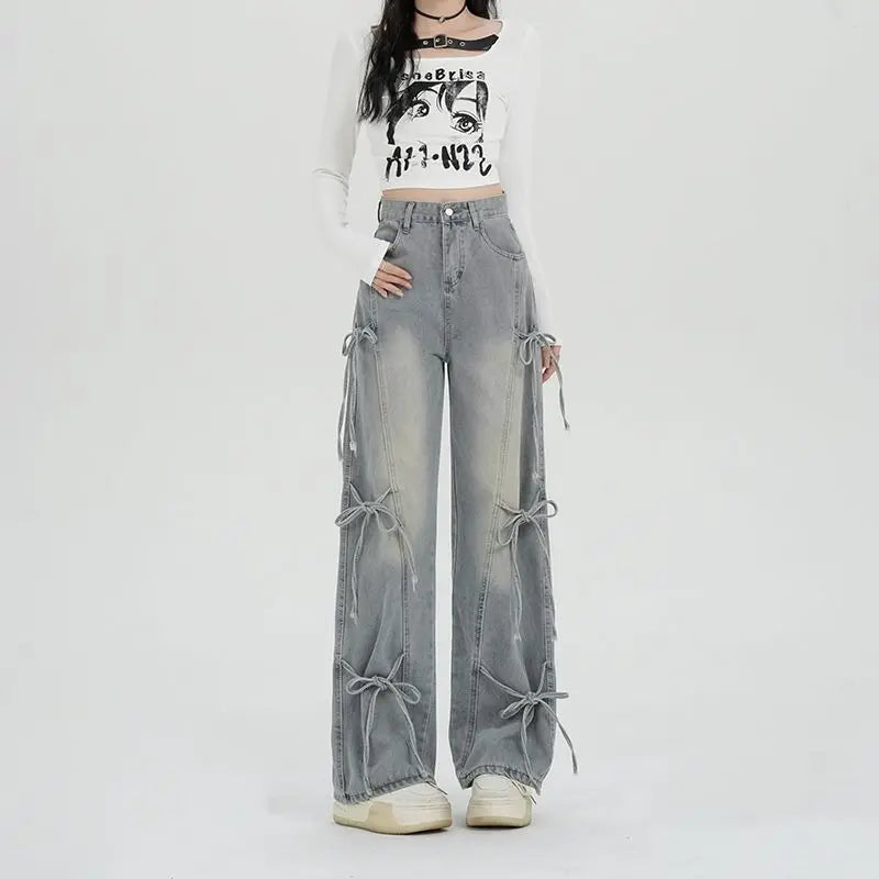 Women's Y2K Lace-Up High Waist Baggy Jeans
