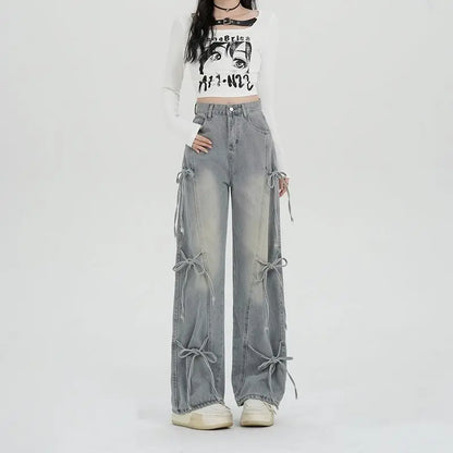 Women's Y2K Lace-Up High Waist Baggy Jeans