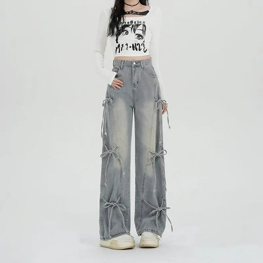 Women's Y2K Lace-Up High Waist Baggy Jeans