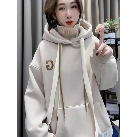 Women Turtleneck Fashion Letter Print Pullover Hoodies Loose Fall Winter Tops