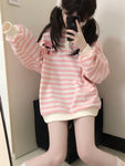 Sweatshirt Pink Striped Woman Japanese Cute Cartoon Print Polo Collar Pullover