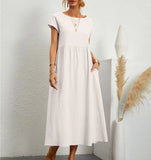 Womens Solid Color Cotton Linen Dress