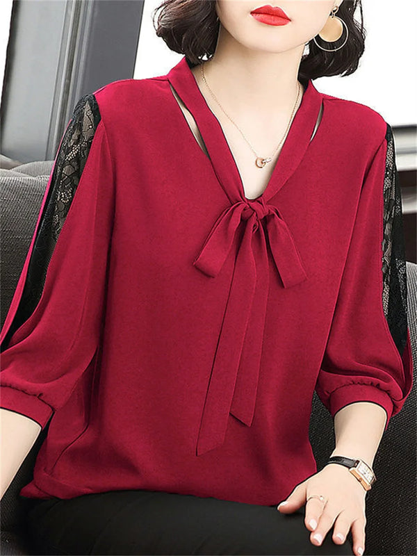 Bow Tie Collar Blouse Women Lace Sleeve Loose Spring Top