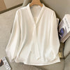 Plus Size Chiffon Blouse Women V Neck Bow Tie Long Sleeve Top