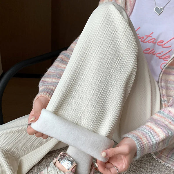 Winter Warm Fleece Wide Leg Pants Women High Waisted Thick