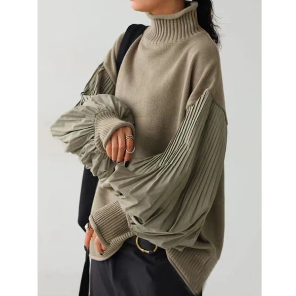 Turtleneck Sweater Women Lantern Sleeve Patchwork Pullover