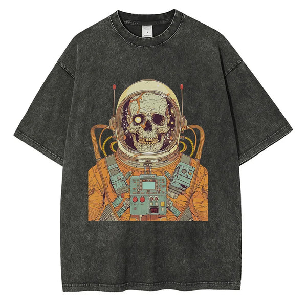 1970s Astronaut Skull Graphic T-shirt Retro Sci-Fi Print Casual Top