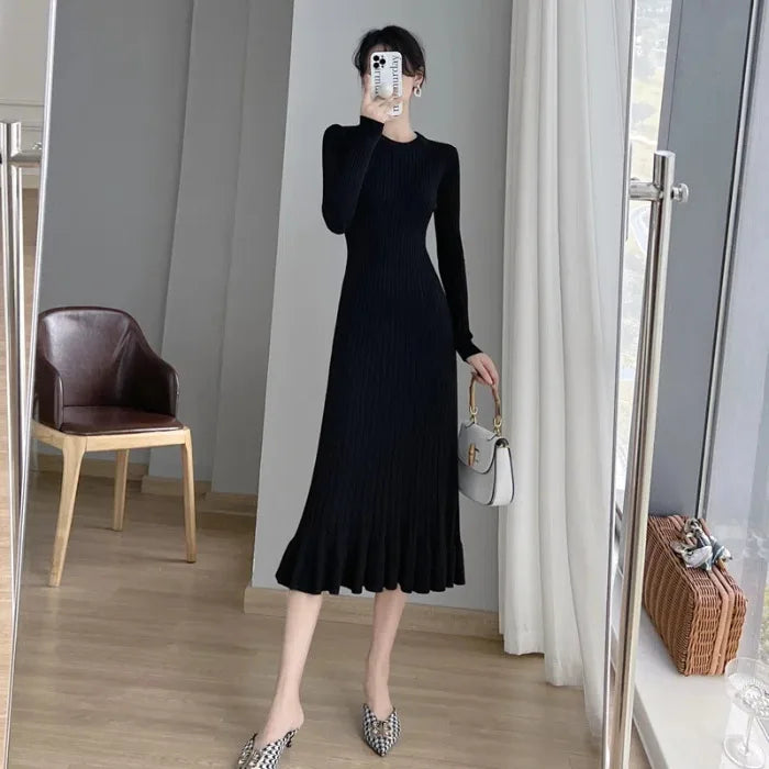 Women’s Vintage Knit Slim Ruffle Dress