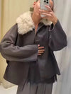Womens Fur Collar Jacket Button Front Long Sleeve Winter Coat Street