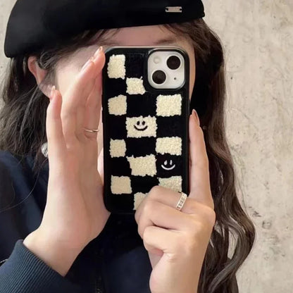Winter Smile Grid Plüsch-Telefonhülle, warmes Tuch, Stoff, Fell, stoßfeste, weiche TPU-Abdeckung