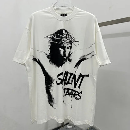 Oversized Saint T-Shirt Men Women Vintage Letter Print Streetwear