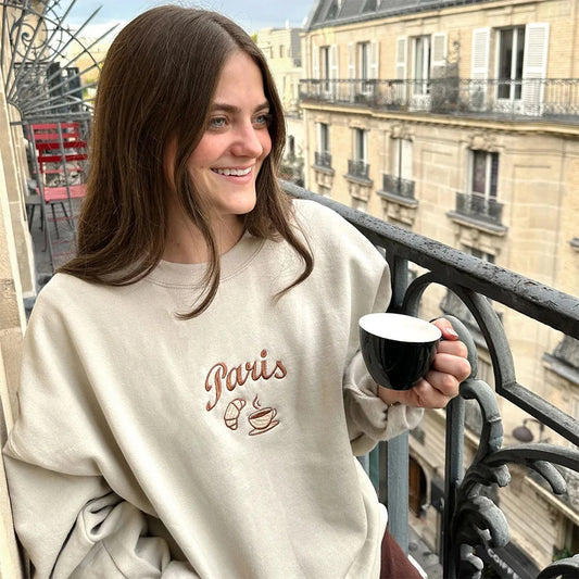 Paris France Embroidered Sweatshirt Vintage Khaki Loose Pullover