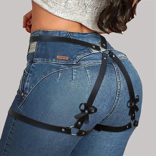 Gothic Leather Garter with Leg Bow Tie Rave Women's Pants