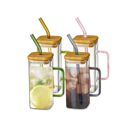 400ml Square Glass Mug With Lid and Straw Breakfast Milk Cup Microwave Safe Transparent