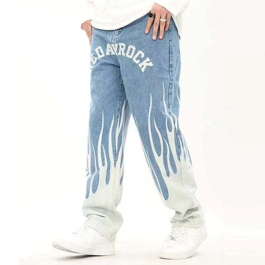 Flame Print Baggy Jeans Streetwear Fashion Men