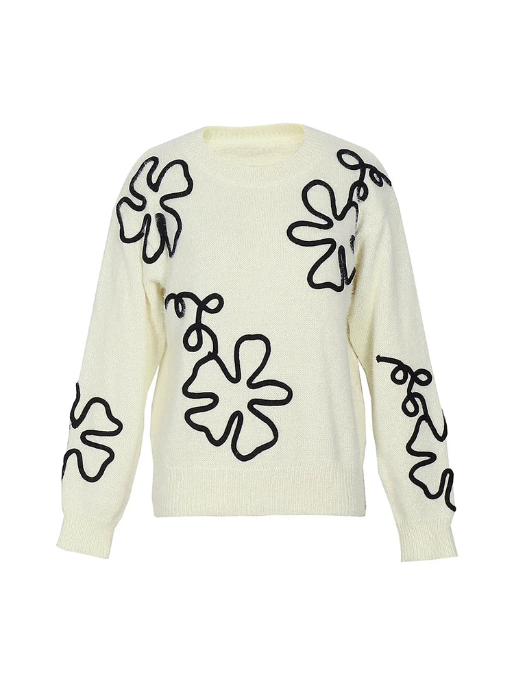 Women's Flower Print Color Block round Neck Casual Sweater Long Sleeve