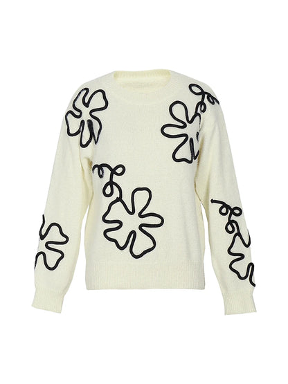 Women's Flower Print Color Block round Neck Casual Sweater Long Sleeve