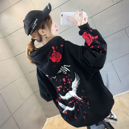 White Bird Anime Embroidery Hoodie Women Pullover Top Plus Size Loose Casual