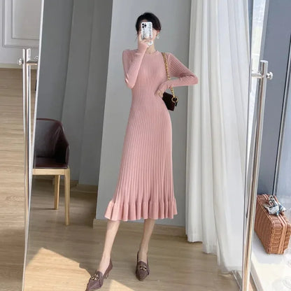 Women’s Vintage Knit Slim Ruffle Dress