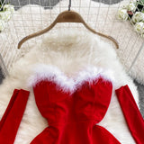 Festive Off-shoulder Furry Christmas Mini Dress For Party Events