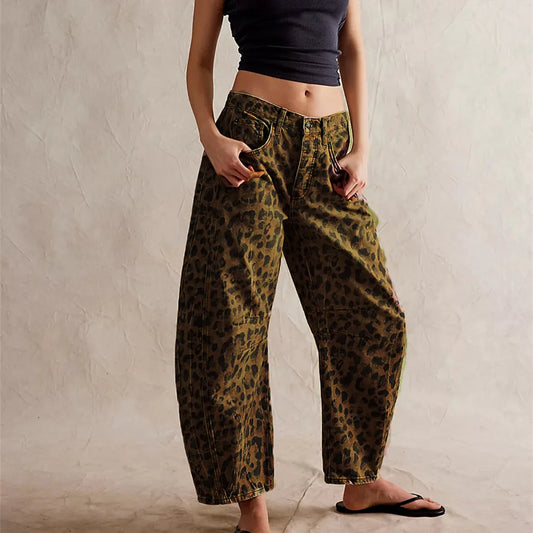 Women's Leopard Print Baggy Wide Leg Jeans