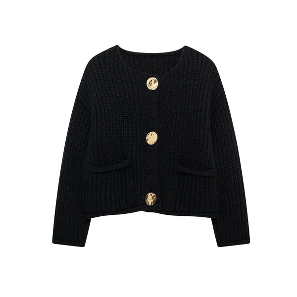 Women's Knit Cardigan Sweater - Gold Buttons & Patch Pockets