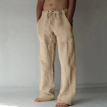 Men's Cotton Linen Long Pants Solid Color Breathable Linen Trousers