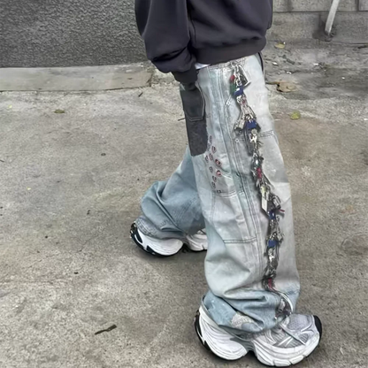 Washed Blue Men Baggy Jeans High Street Vintage Style