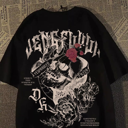 2025 American Retro Skull Print Cotton T-Shirt Women Summer