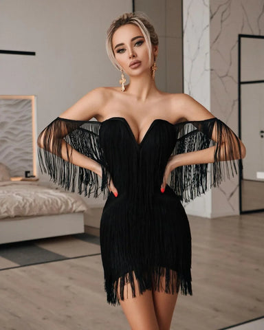 2024 New Women's Fashion: Sexy V-Neck Off-Shoulder Bodycon Tassel Dress for Nightclub and Parties