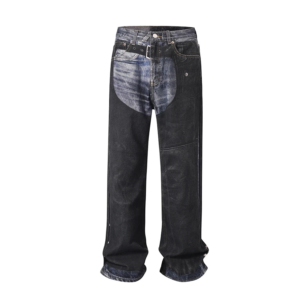 Men Leather Patchwork Baggy Jeans with Side Buttons
