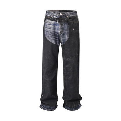 Men Leather Patchwork Baggy Jeans with Side Buttons