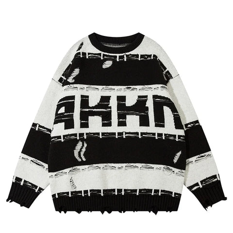 Big Letter Ripped Sweater Loose Crew Neck Streetwear Winter Pullover