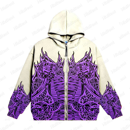 Retro Skeleton Zipper Hoodie Men's Street Wear Style with Y2K Print