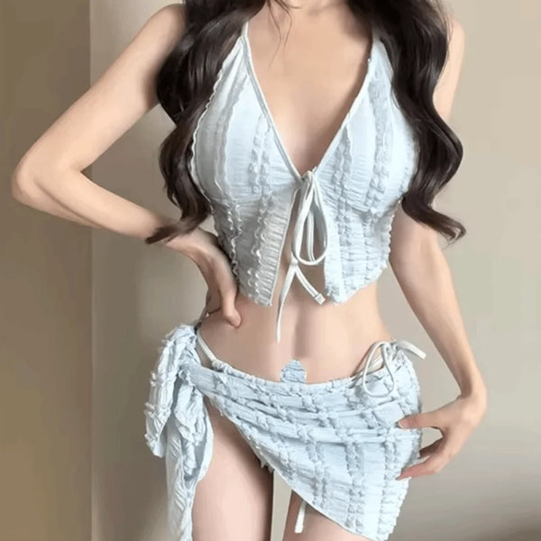 Three Piece Bikini Set Women Strapless Korean Style Swimsuit