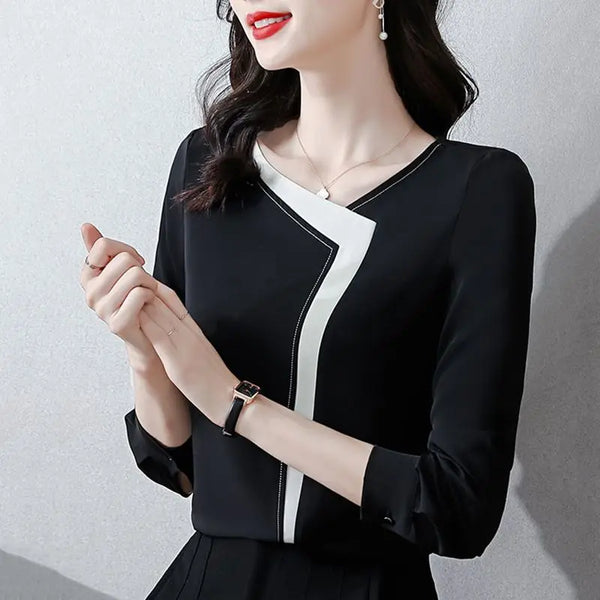 V Neck Colorblock Blouse Women Korean Long Sleeve Chiffon Top