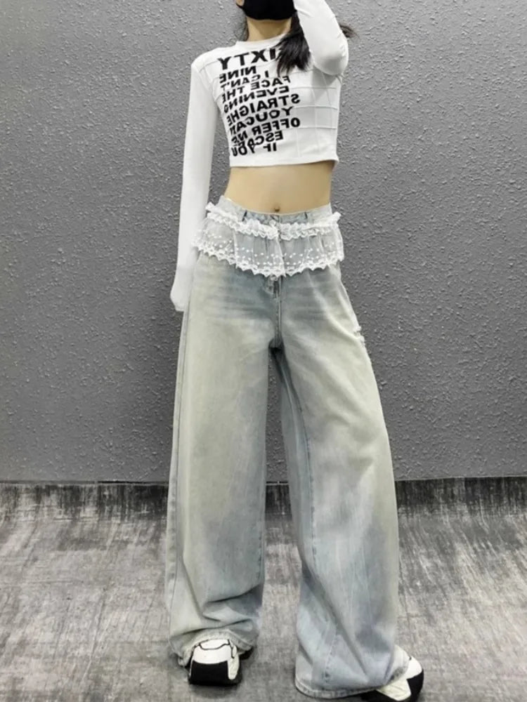Women's Y2K Lace Patchwork High Waist Jeans