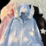 Soft Embroidered Star Shape Zip Hoodie For Autumn And Winter