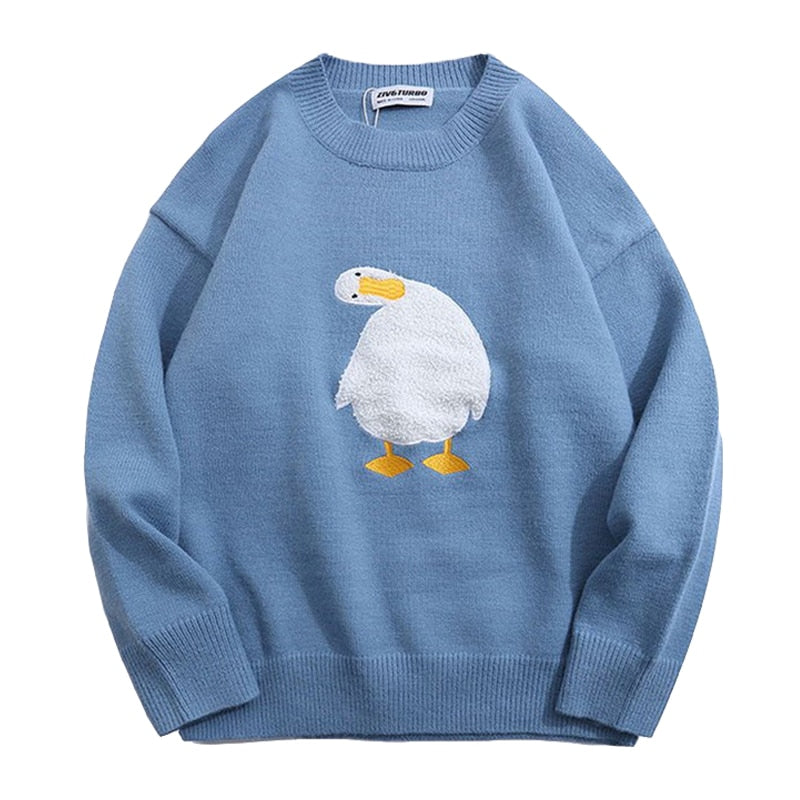 Männer Harajuku übergroßen gestrickten Pullover Cartoon Ente Gans Druck