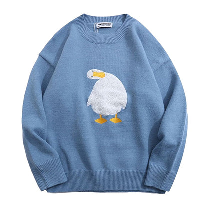 Men Harajuku Oversized Knitted Sweater Cartoon Duck Goose Print