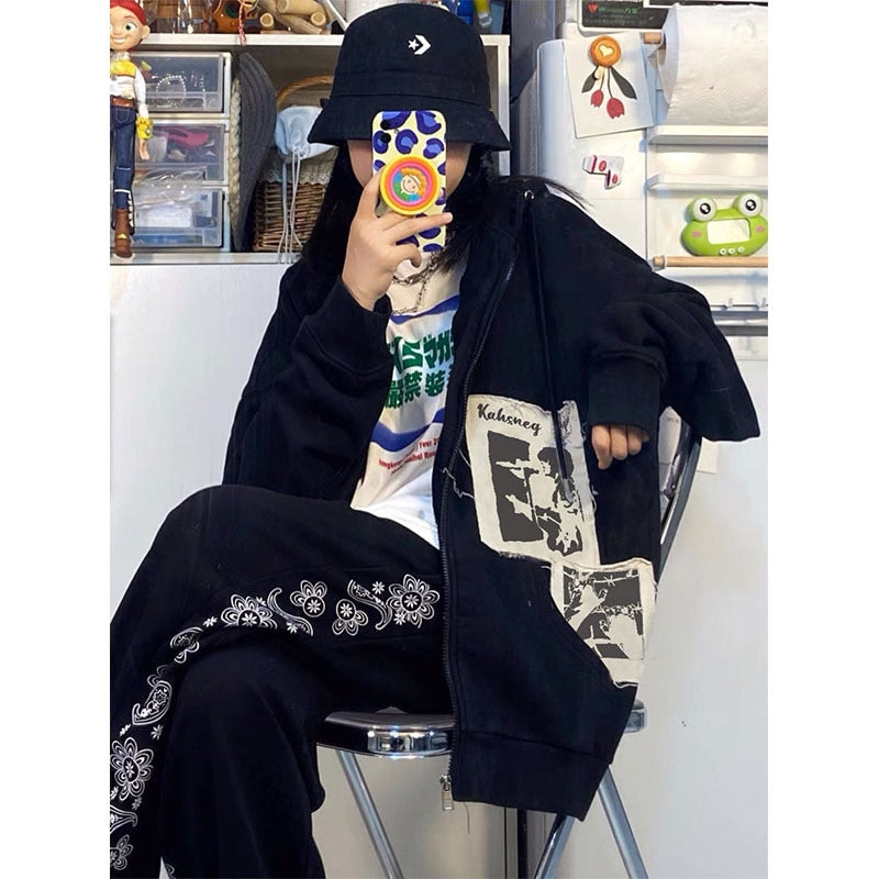 Hoodie Grunge Aesthetic Clothes Oversized Sweatshirt with Zipper Vintage